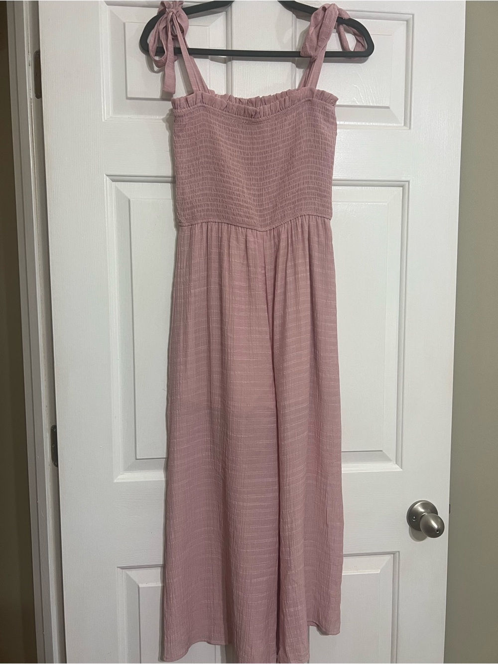 Altar'd State Pink Smocked Tie-Strap Midi Jumpsuit